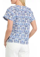 Petite Printed Linen Popover Top