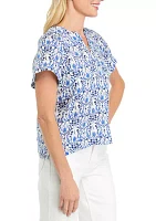 Petite Printed Linen Popover Top