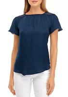 Petite Short Sleeve Raglan Jewel Neck Blouse