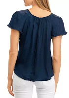 Petite Short Sleeve Raglan Jewel Neck Blouse