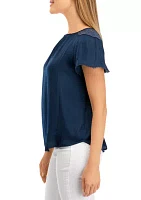 Petite Short Sleeve Raglan Jewel Neck Blouse