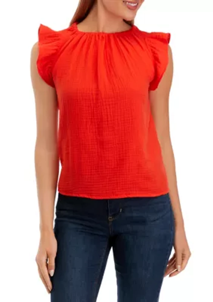 Petite Short Sleeve Woven Gauze Blouse