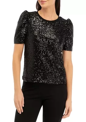 Women's Puff Sleeve Sequin Mesh Knit Top