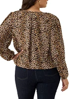 Plus Long Sleeve Crossover Front Printed Woven Blouse