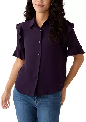 Petite Elbow Sleeve Button Down Woven Shirt with Ruffle Shoulder Detail