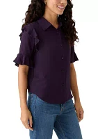 Petite Elbow Sleeve Button Down Woven Shirt with Ruffle Shoulder Detail