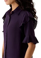 Petite Elbow Sleeve Button Down Woven Shirt with Ruffle Shoulder Detail