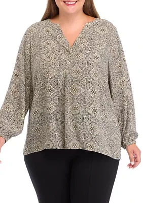 Plus Long Sleeve Split Neck Woven Top