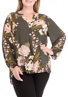 Plus Printed Woven Split Neck Blouse