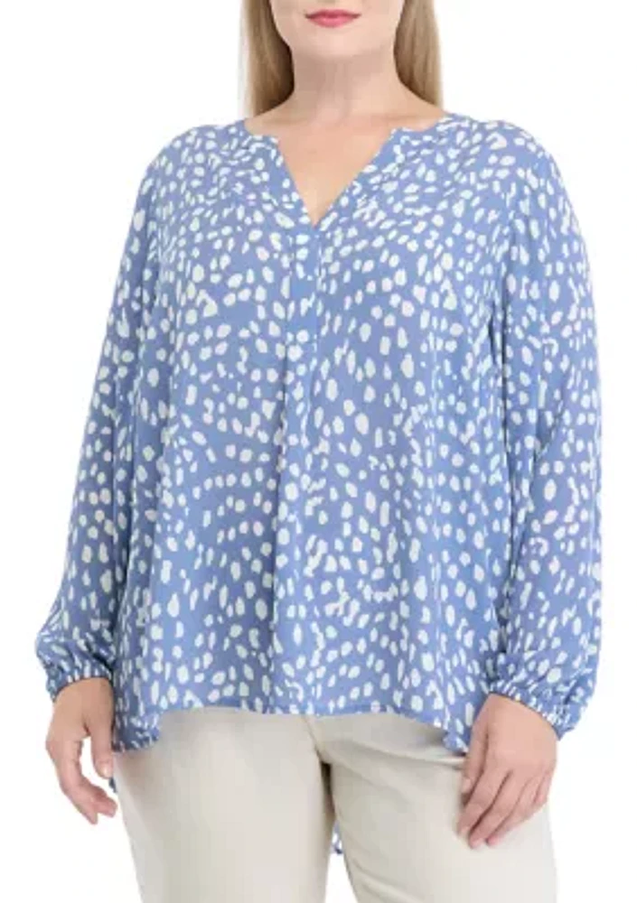 Plus Long Sleeve Split Neck Printed Top