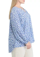 Plus Long Sleeve Split Neck Printed Top