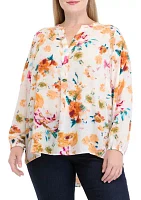 Plus Long Sleeve Split Neck Printed Top