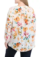 Plus Long Sleeve Split Neck Printed Top