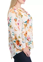 Plus Long Sleeve Split Neck Printed Top