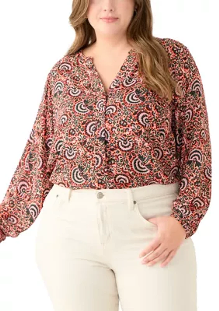 Plus Long Sleeve Split Neck Printed Top