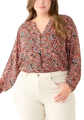 Plus Long Sleeve Split Neck Printed Top