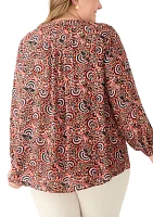 Plus Long Sleeve Split Neck Printed Top