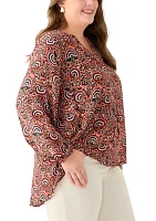 Plus Long Sleeve Split Neck Printed Top