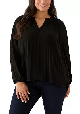 Plus Partially Lined Long Raglan Sleeve V-Neck Blouse