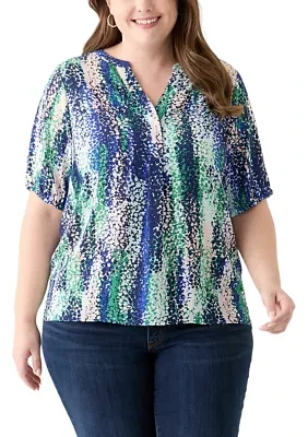 Plus Elbow Sleeve Split Neck Woven Blouse
