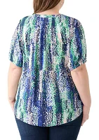 Plus Elbow Sleeve Split Neck Woven Blouse