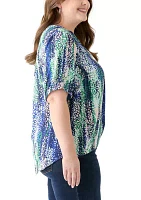 Plus Elbow Sleeve Split Neck Woven Blouse
