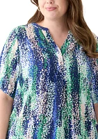 Plus Elbow Sleeve Split Neck Woven Blouse