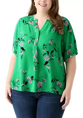 Plus Elbow Sleeve Split Neck Woven Blouse