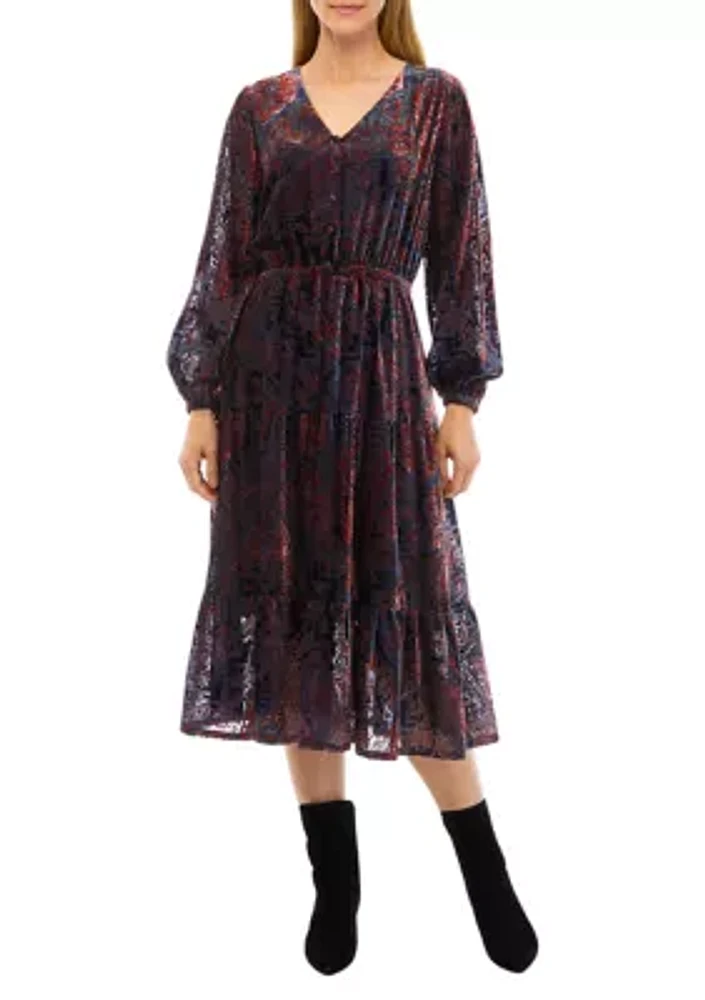 Women's Long Sleeve V-Neck Paisley Print Midi Dress