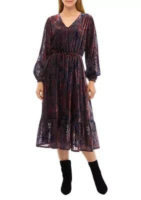 Women's Long Sleeve V-Neck Paisley Print Midi Dress