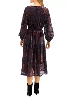 Women's Long Sleeve V-Neck Paisley Print Midi Dress