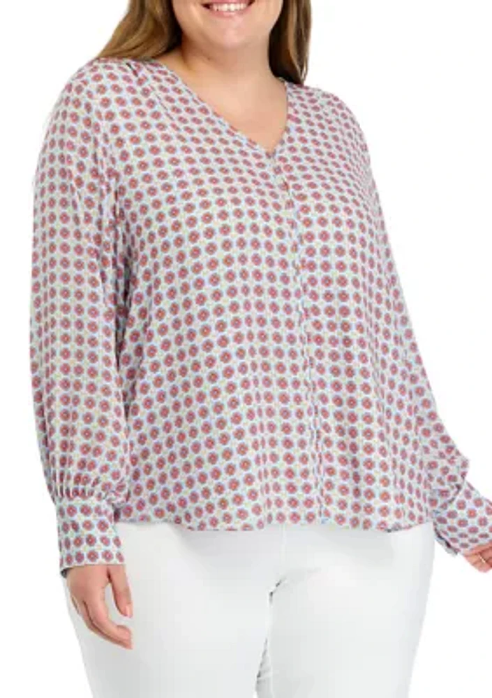 Plus Long Sleeve V-Neck Blouse