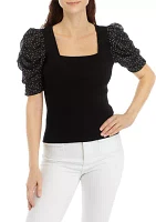 Petite Elbow Sleeve Woven Mix Top