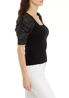 Petite Elbow Sleeve Woven Mix Top