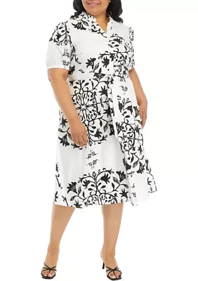 Plus Short Sleeve Split Neck Cotton Dress