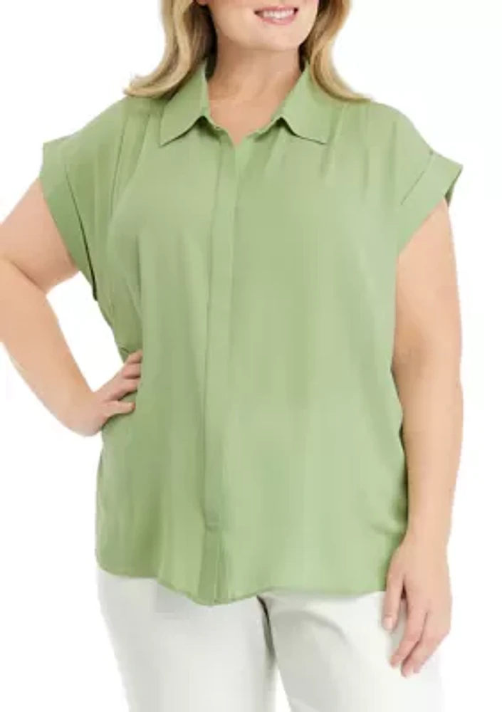 Plus Cap Sleeve Collar Blouse