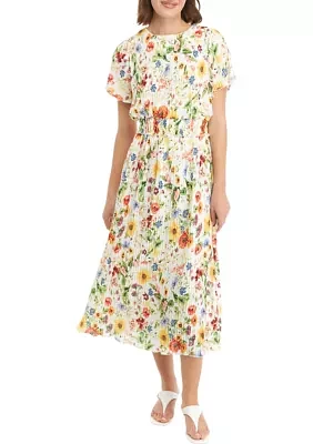 Women's Short Sleeve Pleated Floral Midi Dress