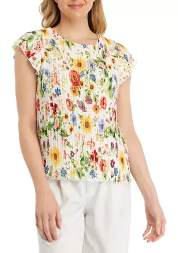 Women's Cap Sleeve Floral Pleated Blouse