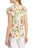 Women's Cap Sleeve Floral Pleated Blouse