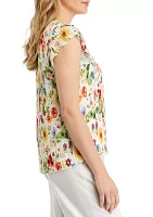 Women's Cap Sleeve Floral Pleated Blouse