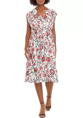 Petite V-Neck Printed Button Down Dress