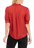 Women's Short Sleeve Pleat Shoulder Button Front Blouse