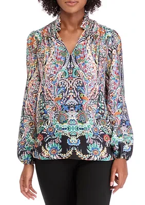 Women's Blouson Sleeve Printed V-Neck Blouse