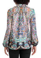 Women's Blouson Sleeve Printed V-Neck Blouse