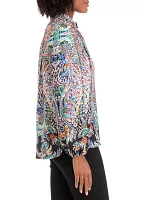 Women's Blouson Sleeve Printed V-Neck Blouse