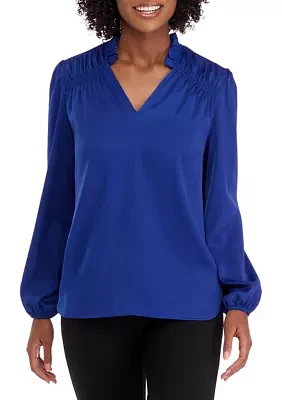 Women's Blouson Sleeve V-Neck Blouse