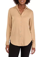 Women's Long Sleeve Split Neck Woven Button Down Blouse