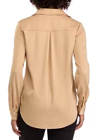 Women's Long Sleeve Split Neck Woven Button Down Blouse