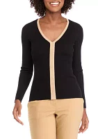 Women's Long Sleeve V-Neck Front Stripe Ribbed Sweater