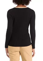 Women's Long Sleeve V-Neck Front Stripe Ribbed Sweater